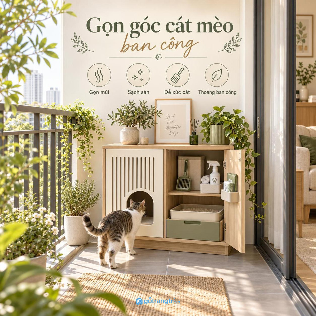 Tủ cát vệ sinh mèo cho chung cư nhỏ giúp giấu khay cát và gom đồ dọn vệ sinh gọn sạch