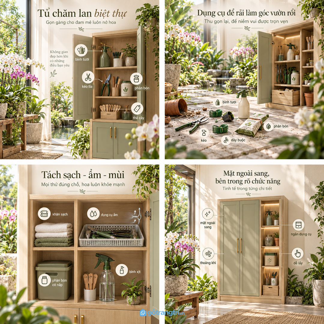 Tủ chăm lan biệt thự gom kéo tưới phân bón và dây buộc về một điểm sạch sang