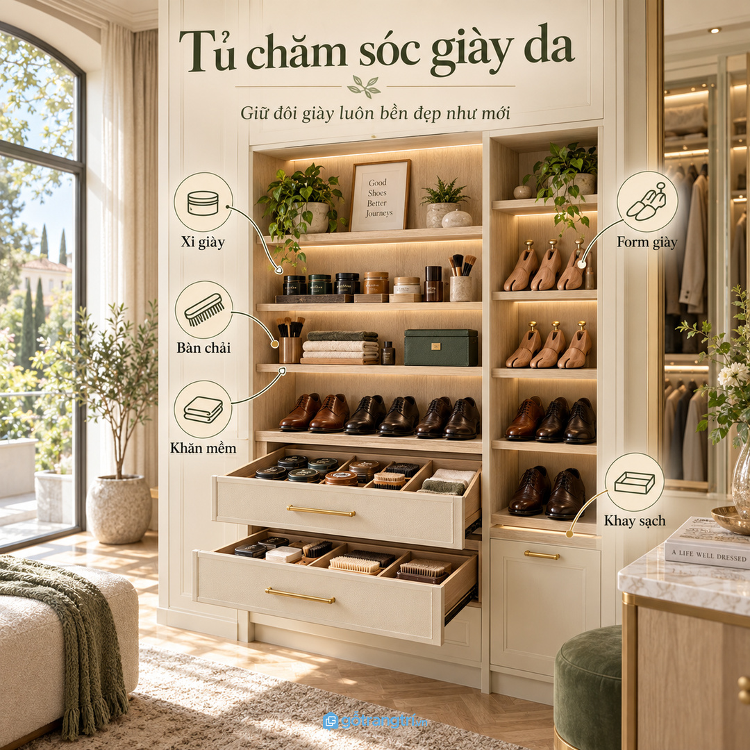 Tủ chăm sóc giày da phòng thay đồ biệt thự gom xi bàn chải khăn mềm và form giày gọn sạch