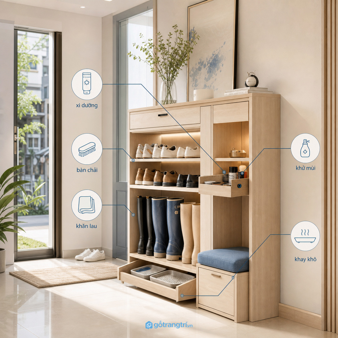 Tủ chăm sóc giày giúp gom xi, bàn chải, khăn lau và khay giày ướt vào một điểm sạch gọn