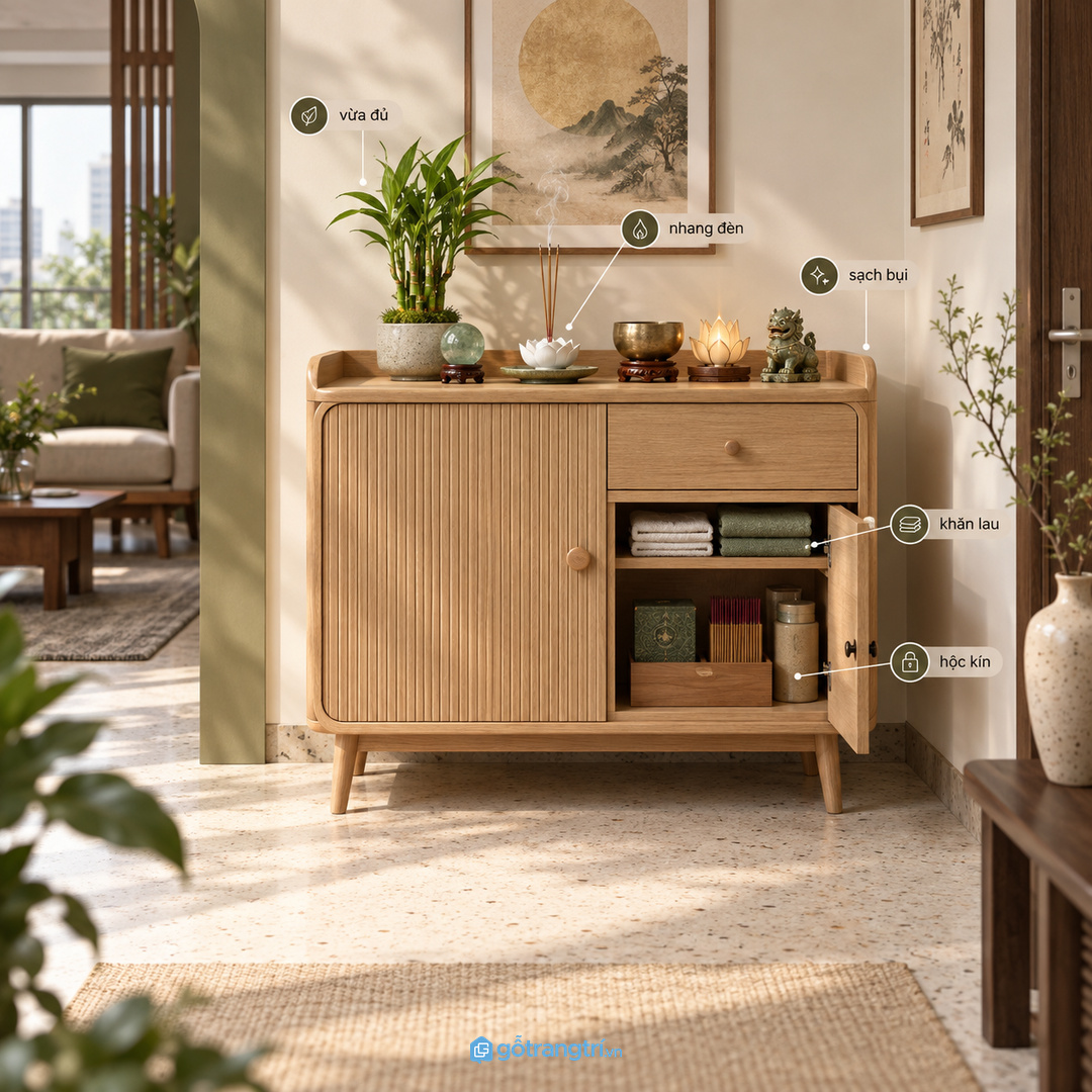 Tủ chăm vật phẩm phong thủy nhà nhỏ giúp gom khăn lau nhang đèn và đồ thay theo mùa vào một điểm gọn sạch