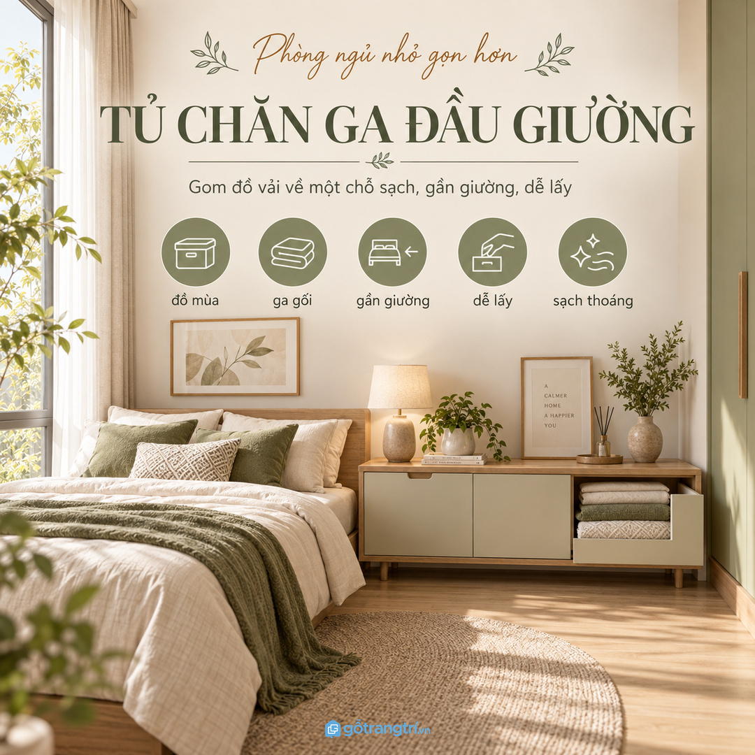 Tủ chăn ga đầu giường cho phòng ngủ nhỏ giúp gom ga gối chăn mỏng và đồ mùa về một chỗ sạch