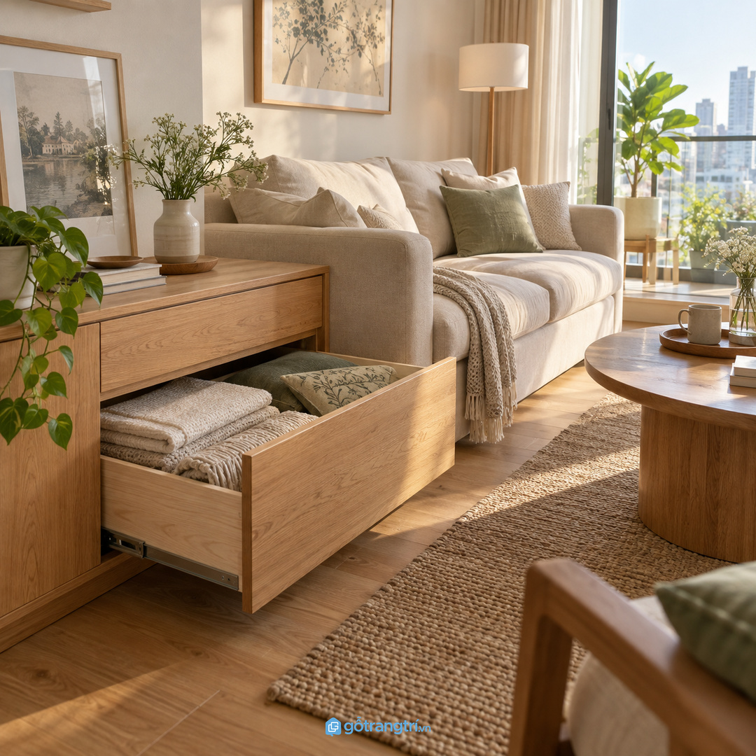 Tủ chăn mỏng sofa phòng khách nhỏ gom chăn gối khăn phủ remote và đồ thư giãn vào một điểm gọn ấm