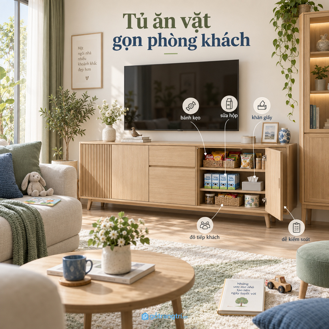 Tủ đồ ăn vặt phòng khách cho nhà có trẻ nhỏ giúp gom bánh kẹo sữa hộp và ly uống nước gọn sạch hơn