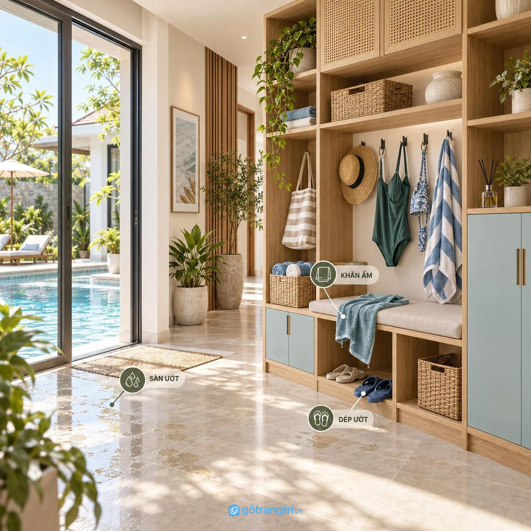 Tủ đồ bơi hồ bơi biệt thự giúp khăn áo gọn khô và sàn sạch hơn sau mỗi lần bơi