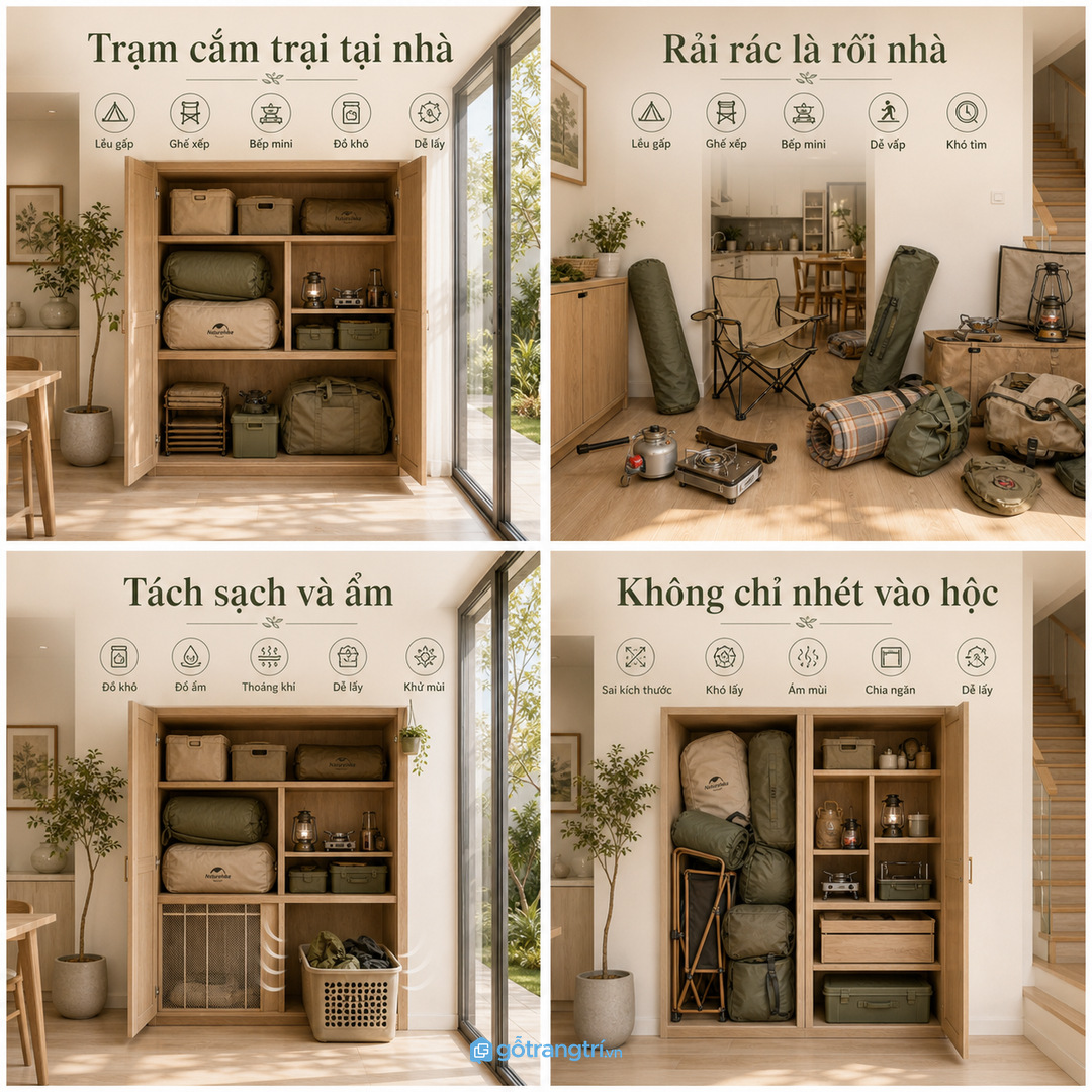 Tủ đồ cắm trại giúp gom lều, ghế xếp, bếp mini và phụ kiện dã ngoại vào một điểm sạch gọn
