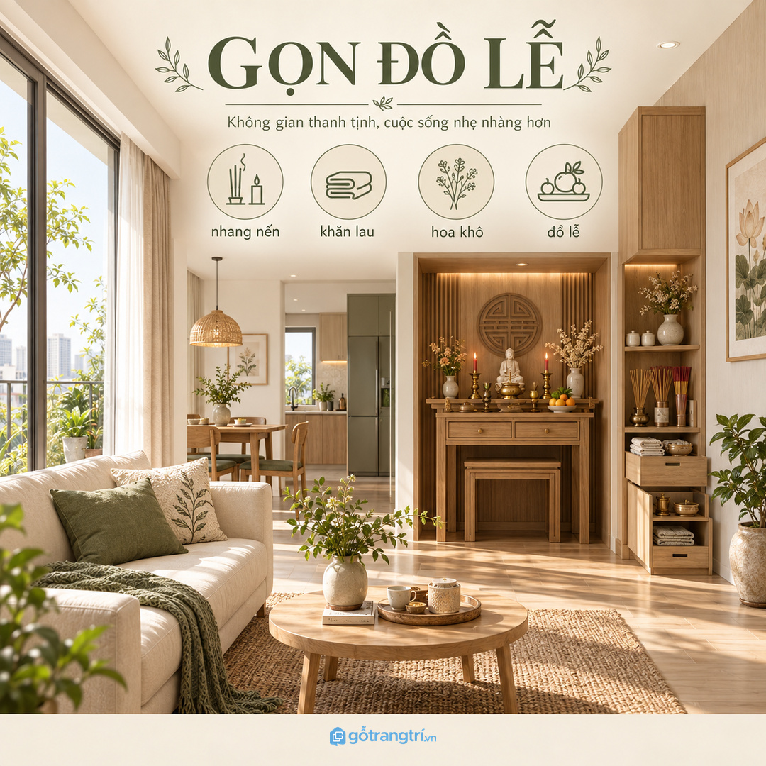 Tủ đồ cúng mùng một phong thủy cho căn hộ nhỏ gom nhang nến khăn lau hoa khô và đồ lễ vào một điểm gọn sạch