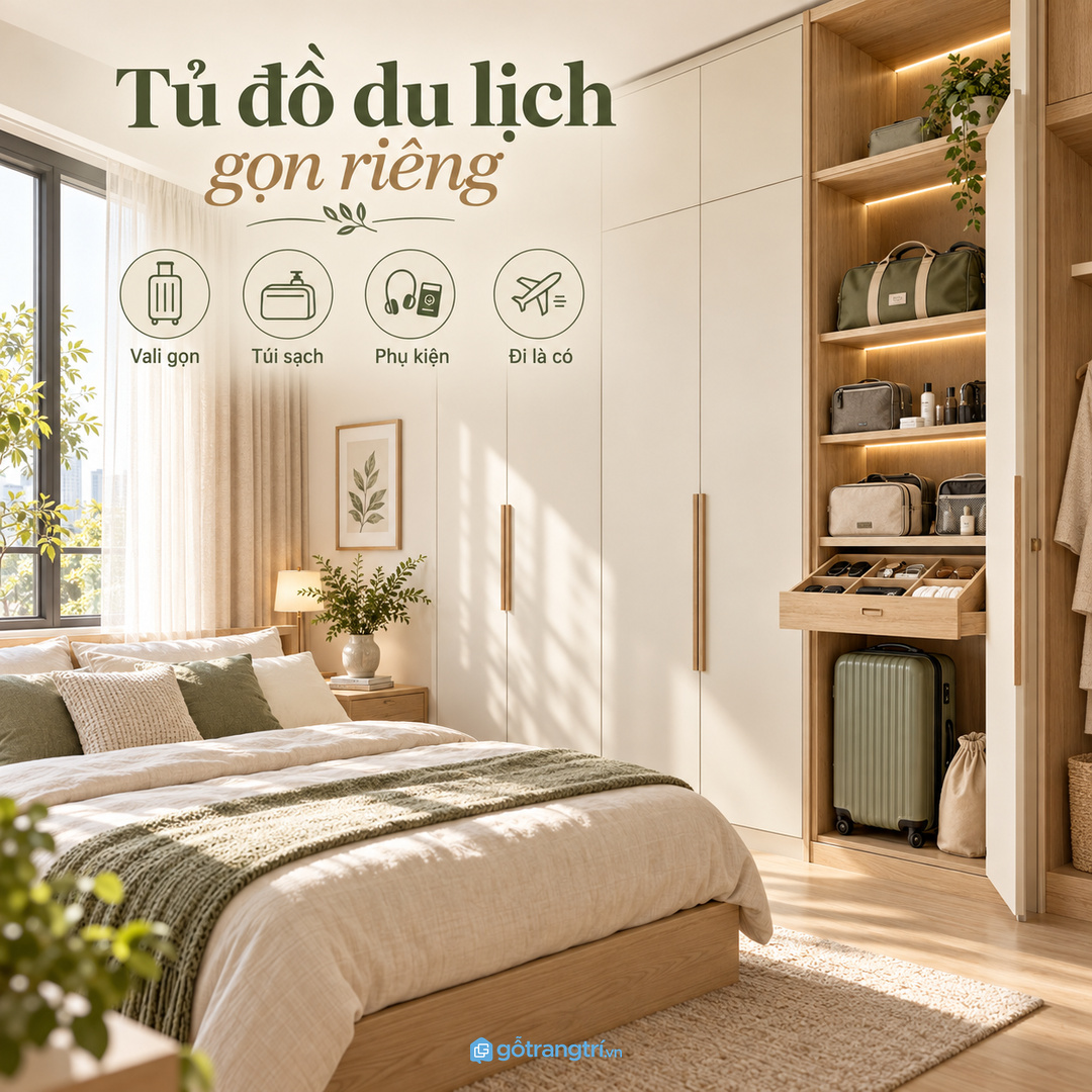 Tủ đồ du lịch cho phòng ngủ nhỏ giúp vali túi phụ kiện và đồ vệ sinh cá nhân có chỗ cất riêng