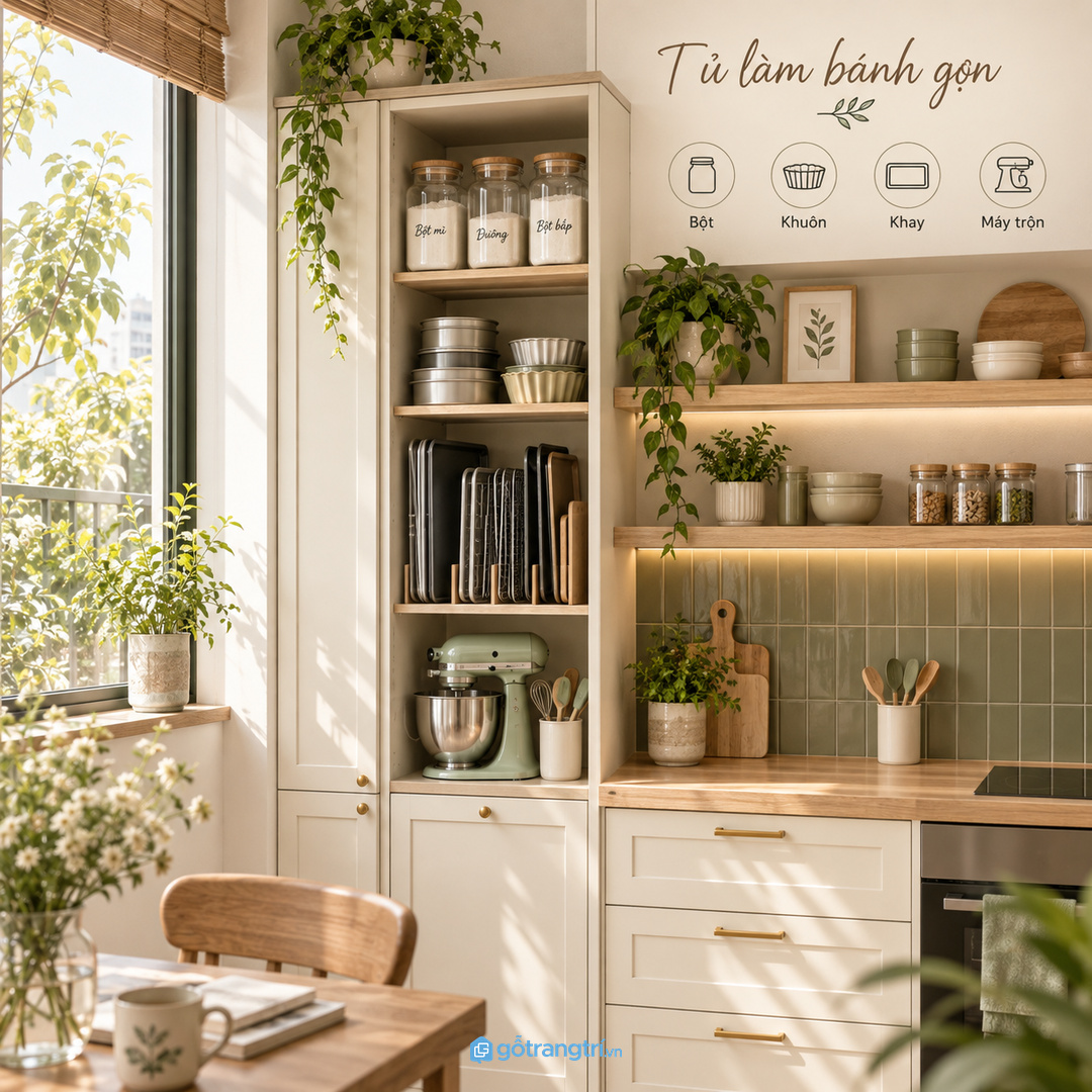 Tủ đồ làm bánh cho bếp nhỏ gom bột khuôn khay nướng và mixer mini vào một điểm gọn sạch