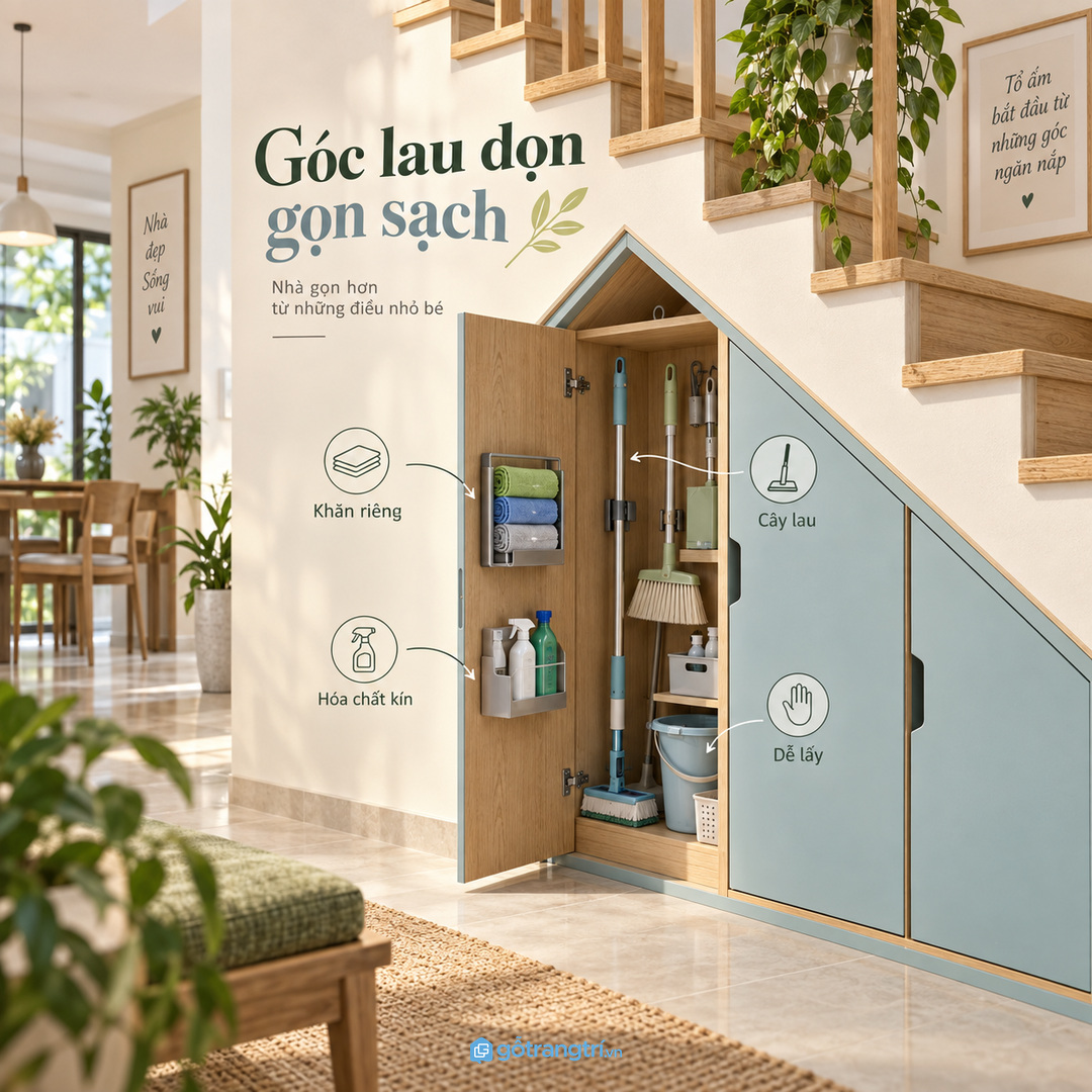 Tủ đồ lau dọn gầm cầu thang giúp gom cây lau khăn hóa chất và xô nhỏ vào một điểm sạch gọn
