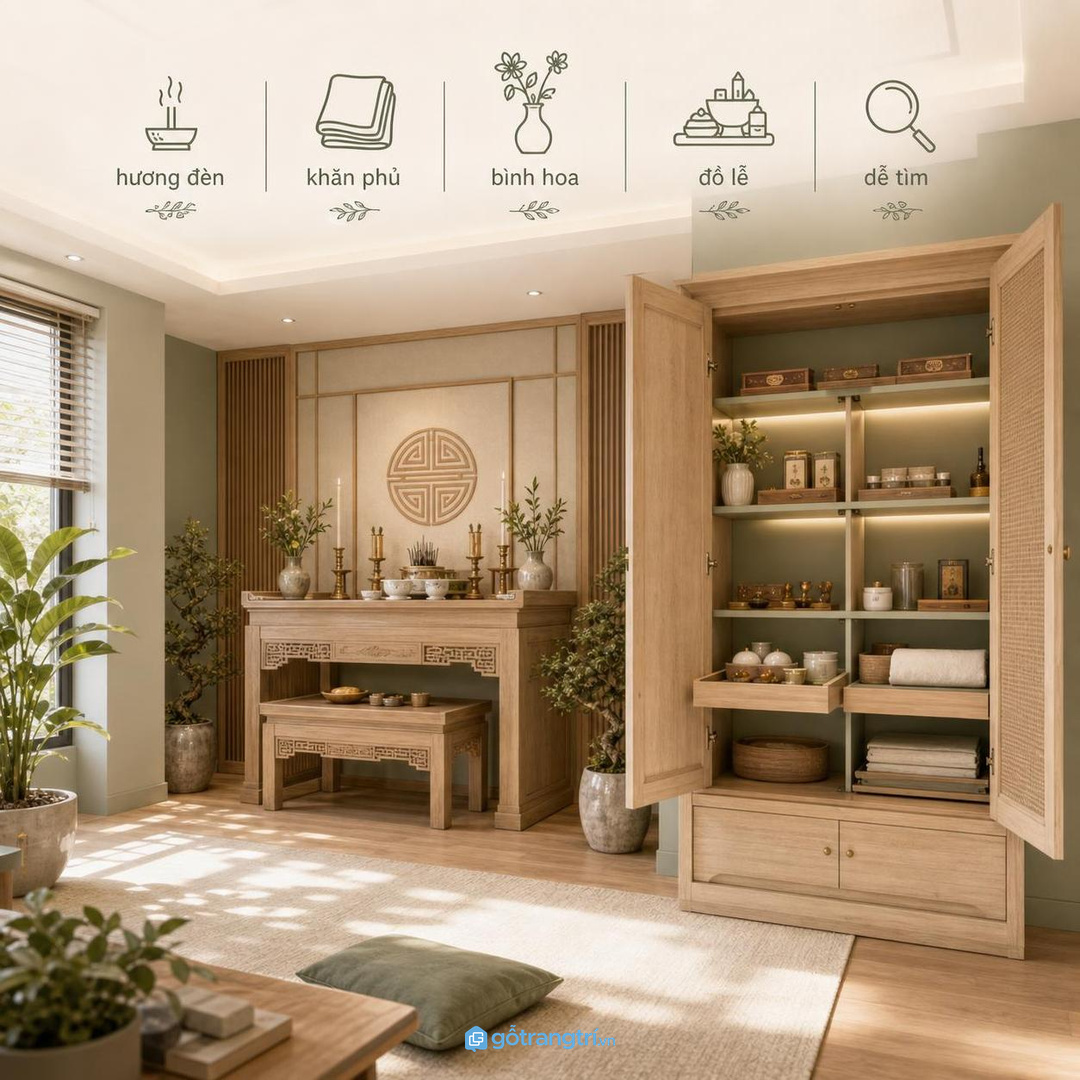 Tủ đồ lễ phòng thờ biệt thự giúp hương đèn khăn phủ và đồ lễ có chỗ về rõ ràng