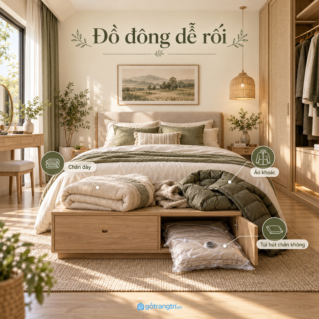 Tủ đồ mùa đông cuối giường giúp chăn áo dày có chỗ cất kín gọn và dễ lấy khi đổi mùa