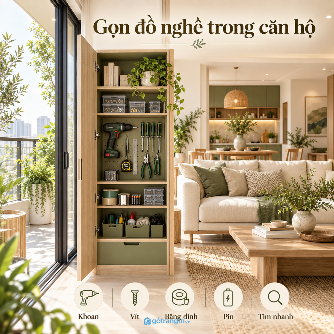 Tủ đồ nghề sửa chữa cho chung cư nhỏ giúp gom khoan vít sạch ban công và dễ tìm khi cần