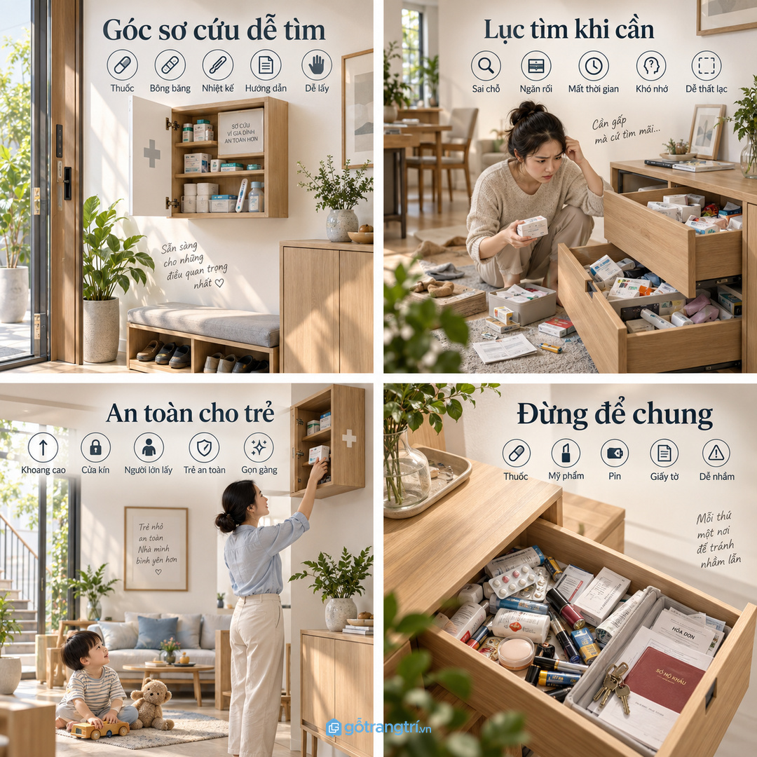 Tủ đồ sơ cứu gia đình giúp nhà phố nhỏ gọn thuốc dễ tìm và an toàn hơn