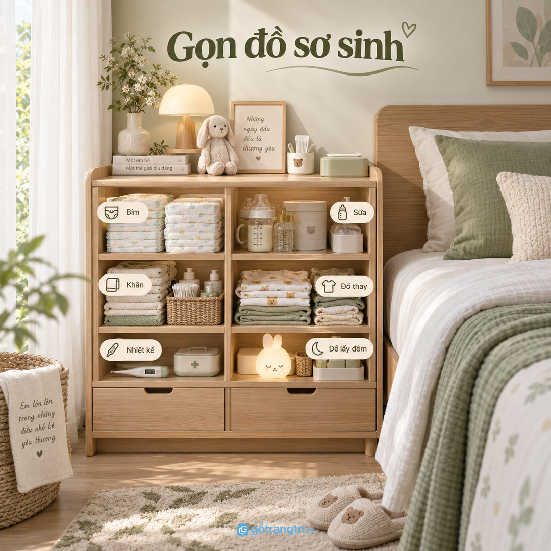 Tủ đồ sơ sinh phòng ngủ nhỏ gom bỉm sữa khăn và đồ thay về một điểm dễ lấy ban đêm