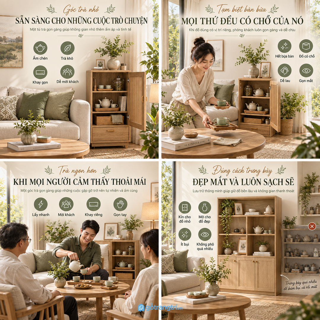 Tủ đồ tiếp khách phòng khách nhỏ gom trà bánh ly tách khăn giấy và khay phục vụ vào một điểm gọn sạch
