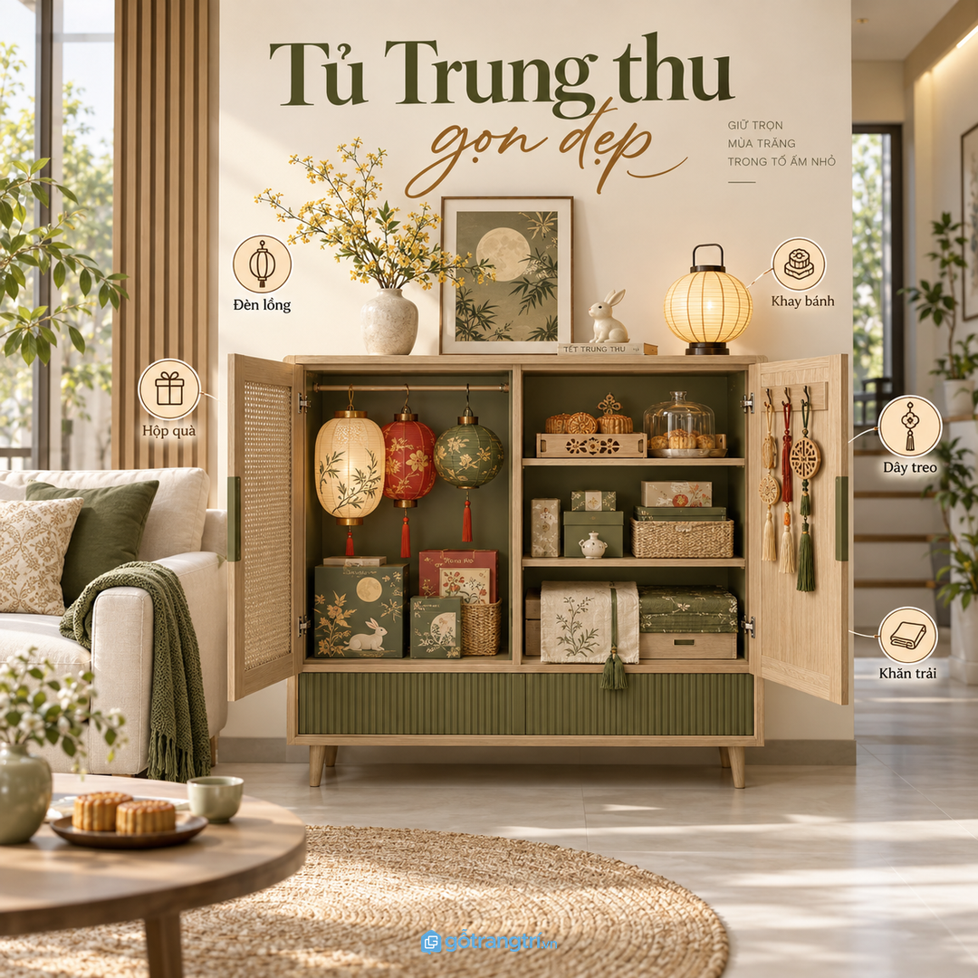 Tủ đồ Trung thu cho nhà phố nhỏ giúp gom đèn lồng khay bánh hộp quà và phụ kiện trang trí gọn sạch
