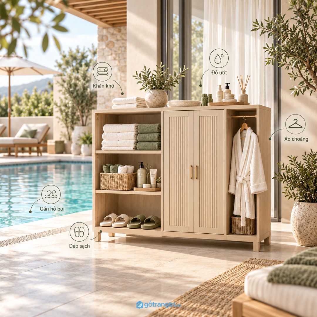 Tủ đồ xông hơi biệt thự gom khăn áo choàng tinh dầu và đồ phục hồi vào một điểm gọn sạch