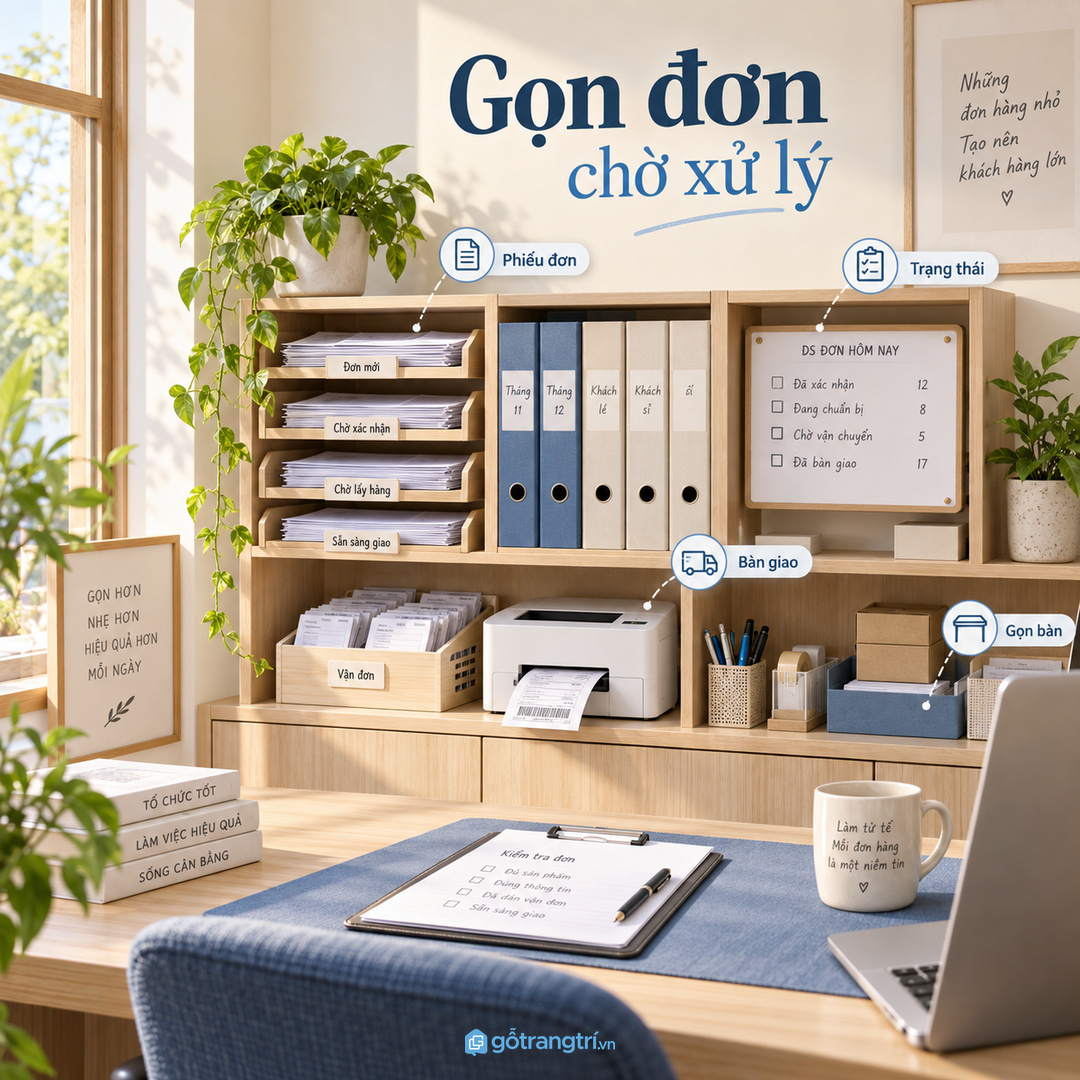 Tủ đơn hàng chờ xử lý cho văn phòng nhỏ giúp phiếu đơn rõ trạng thái và dễ bàn giao