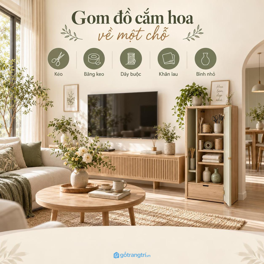 Tủ dụng cụ cắm hoa phòng khách nhỏ giúp kéo bình khăn lau và dây buộc có chỗ cất riêng