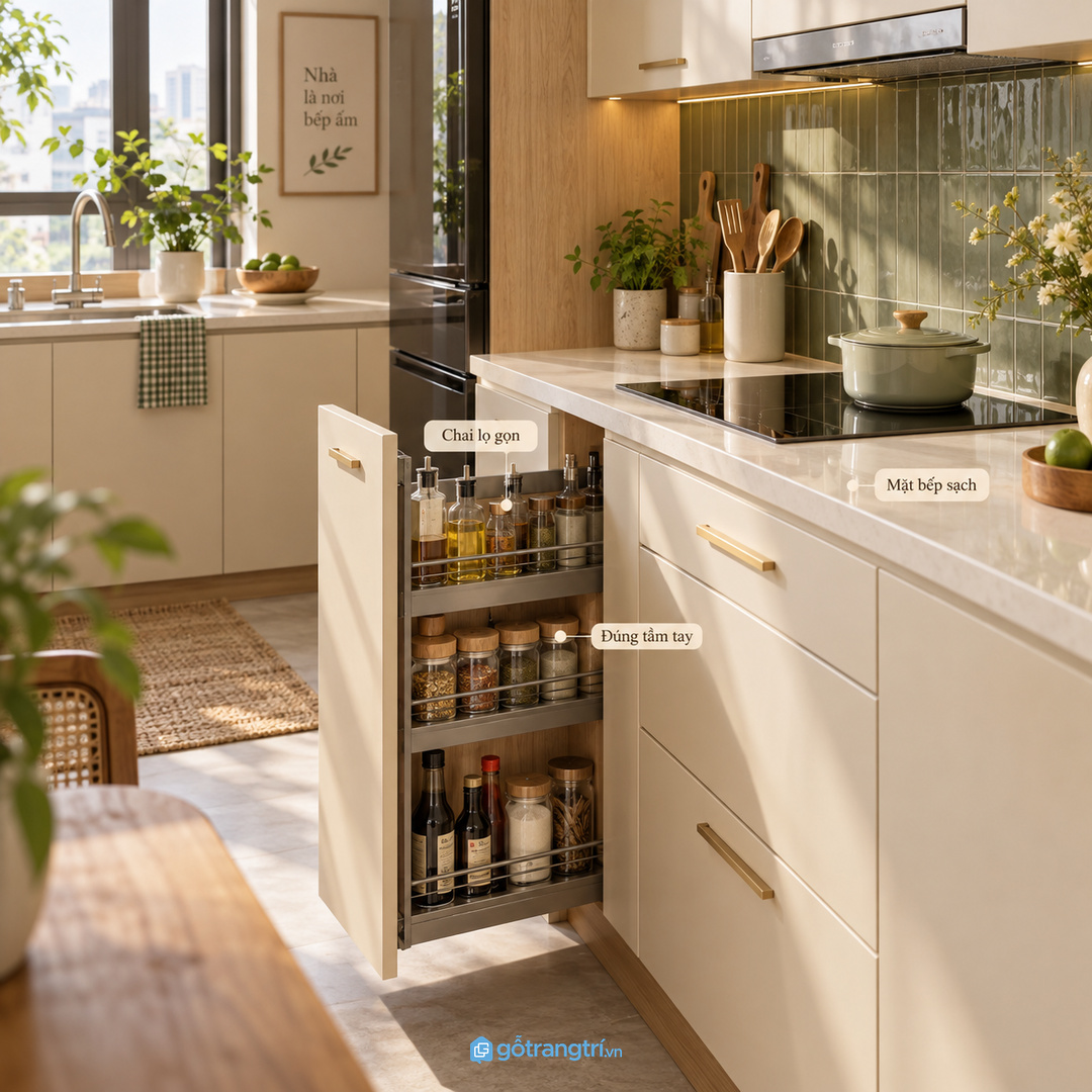 Tủ gia vị kéo hẹp cho bếp nhỏ giúp chai lọ có chỗ riêng, mặt bếp sạch và dễ nấu mỗi ngày