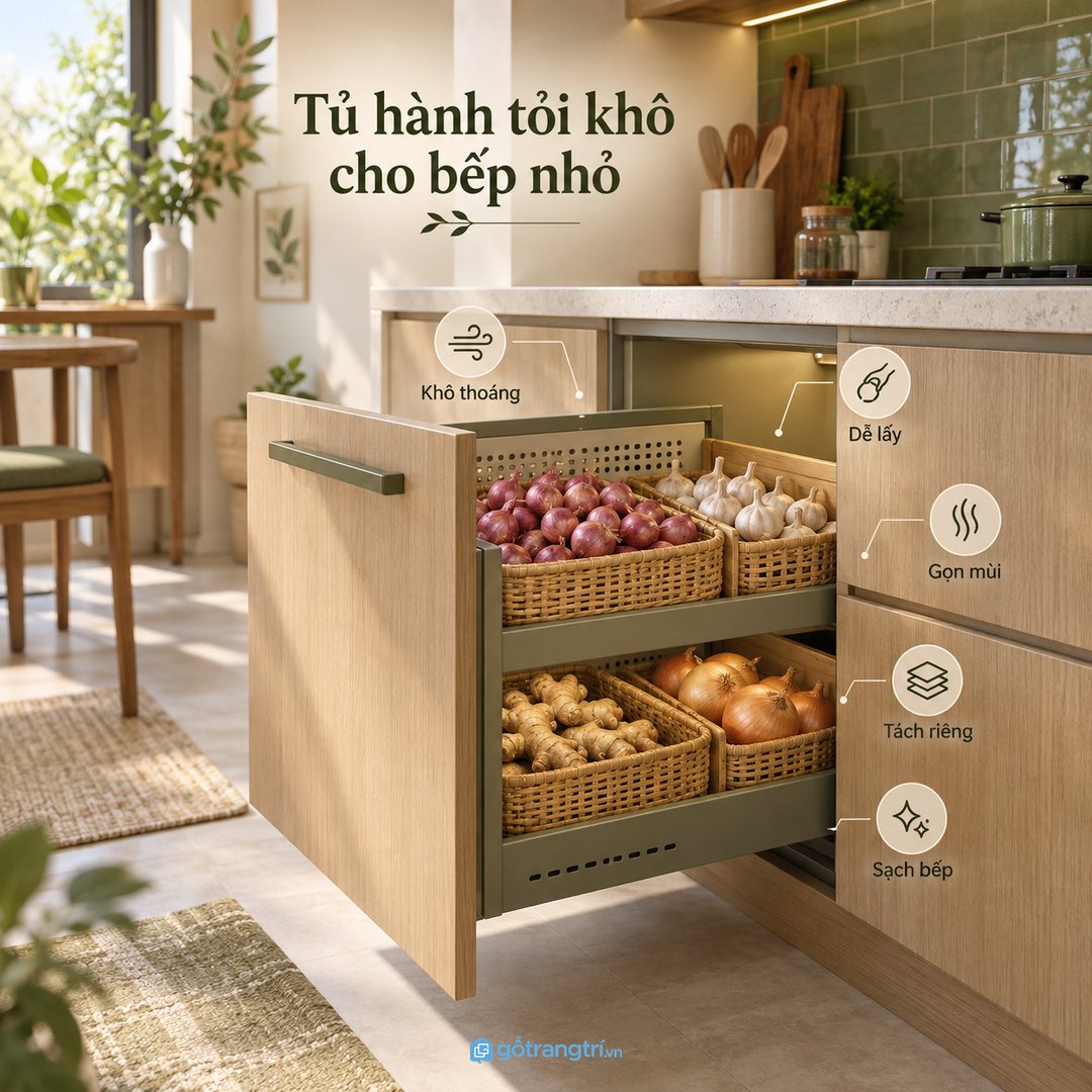 Tủ hành tỏi khô cho bếp nhỏ giúp củ khô thoáng, gọn mùi và dễ lấy khi nấu