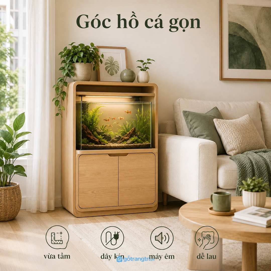 Tủ hồ cá mini phòng khách nhỏ giúp bể đứng gọn, dây sạch và góc sofa sinh động hơn