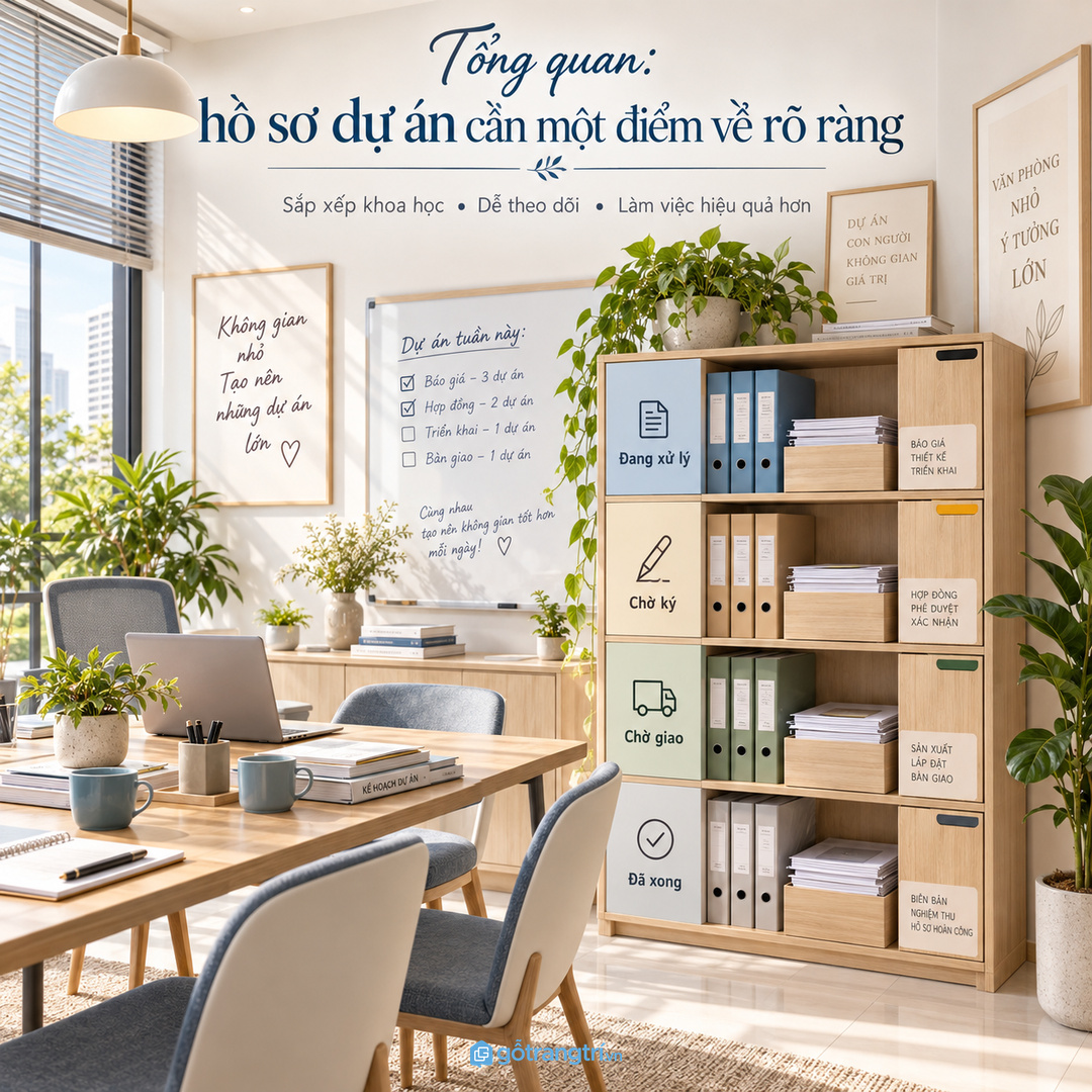 Tủ hồ sơ dự án cho văn phòng nhỏ giúp rõ việc đang làm sạch bàn họp và dễ bàn giao