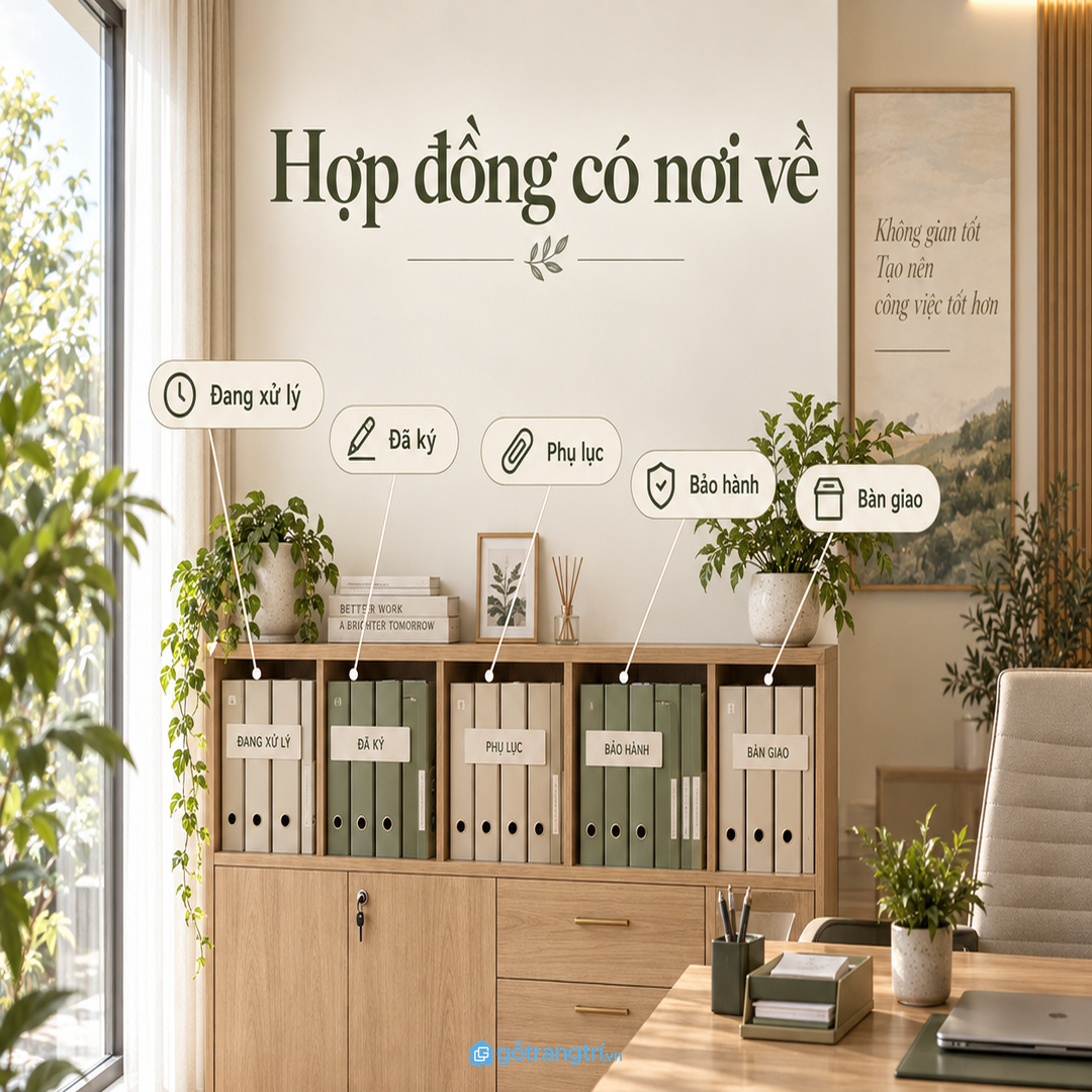 Tủ hợp đồng khách hàng cho văn phòng nhỏ giúp hồ sơ ký gọn quầy tư vấn và dễ bàn giao