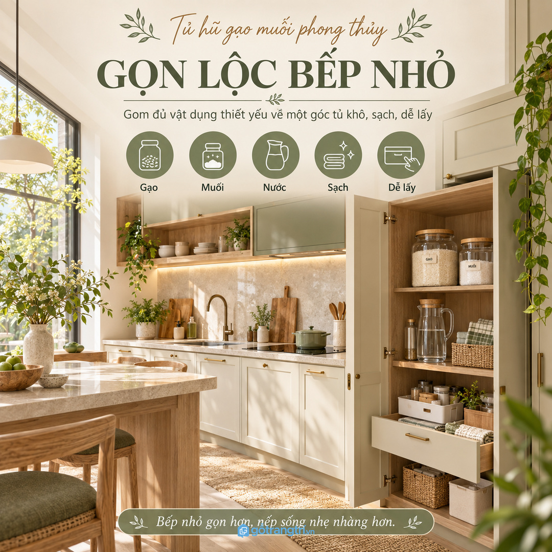 Tủ hũ gạo muối phong thủy cho bếp nhỏ gom gạo muối nước khăn lau và đồ dùng nhỏ vào một góc sạch