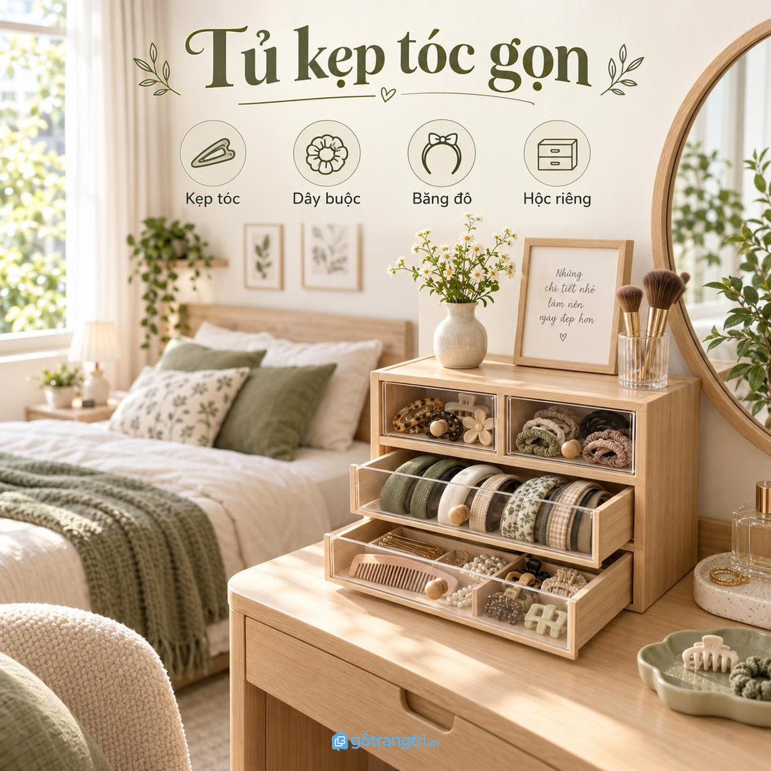 Tủ kẹp tóc giúp bàn trang điểm nhỏ sạch hơn và dễ chọn đồ mỗi sáng