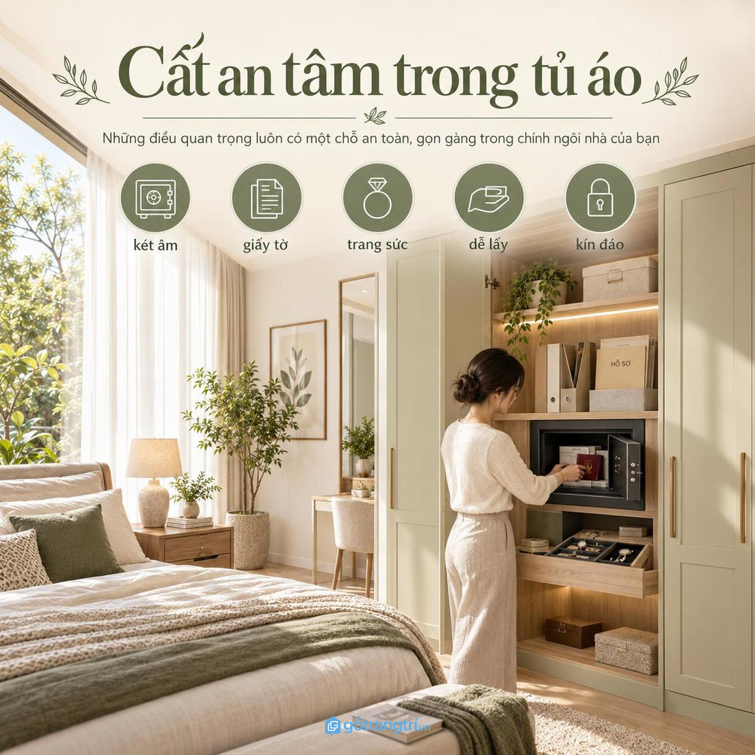 Tủ két sắt âm tủ áo phòng ngủ nhỏ giúp giấy tờ, trang sức và tài sản có chỗ cất kín mà vẫn dễ dùng