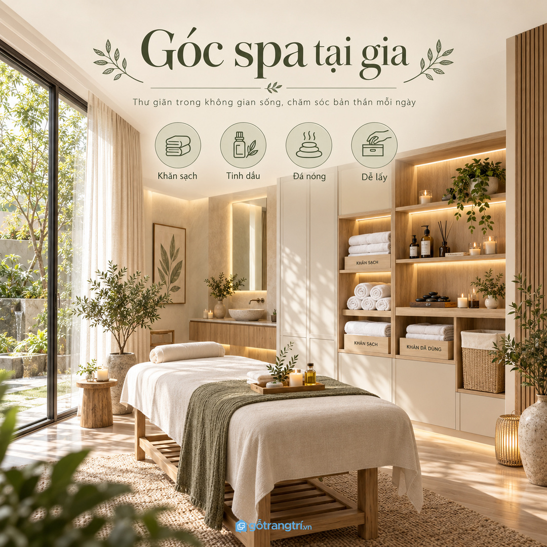 Tủ khăn spa giúp phòng massage biệt thự gọn khăn sạch tinh dầu và phụ kiện thư giãn