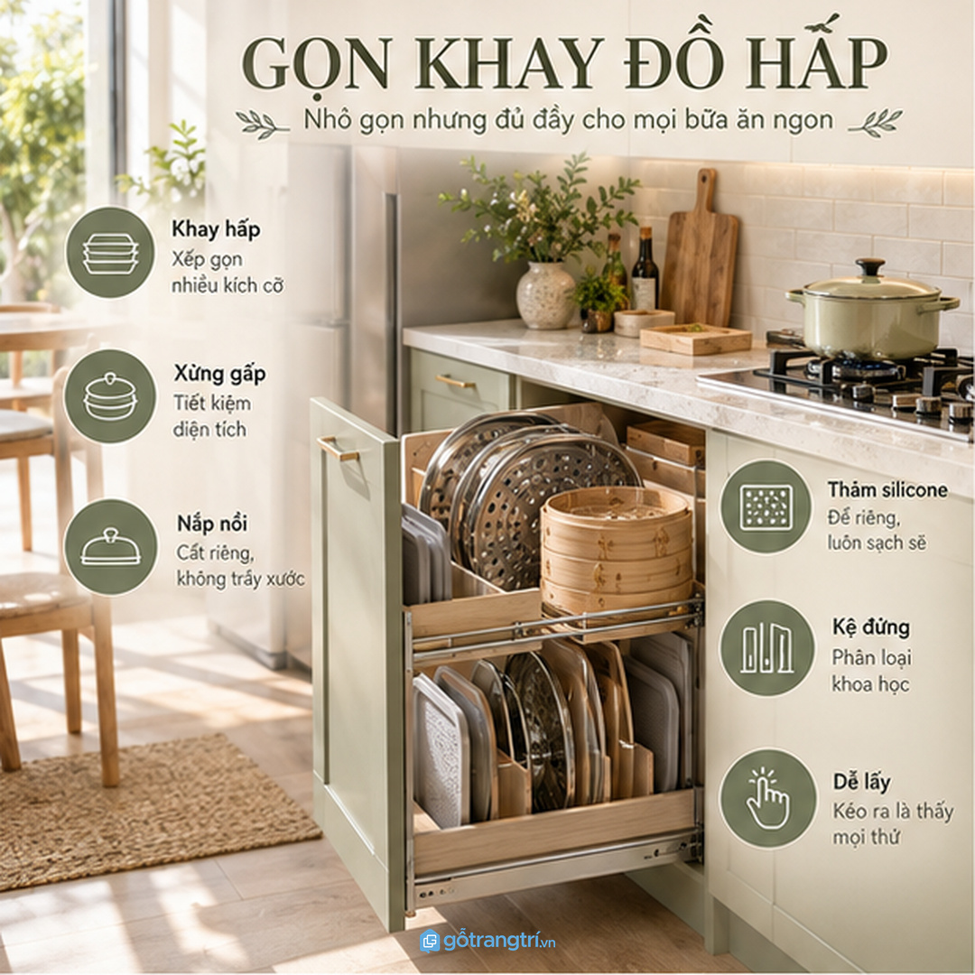 Tủ khay đồ hấp cho bếp nhỏ giúp xửng khay hấp nắp nồi và giấy nến có chỗ cất gọn