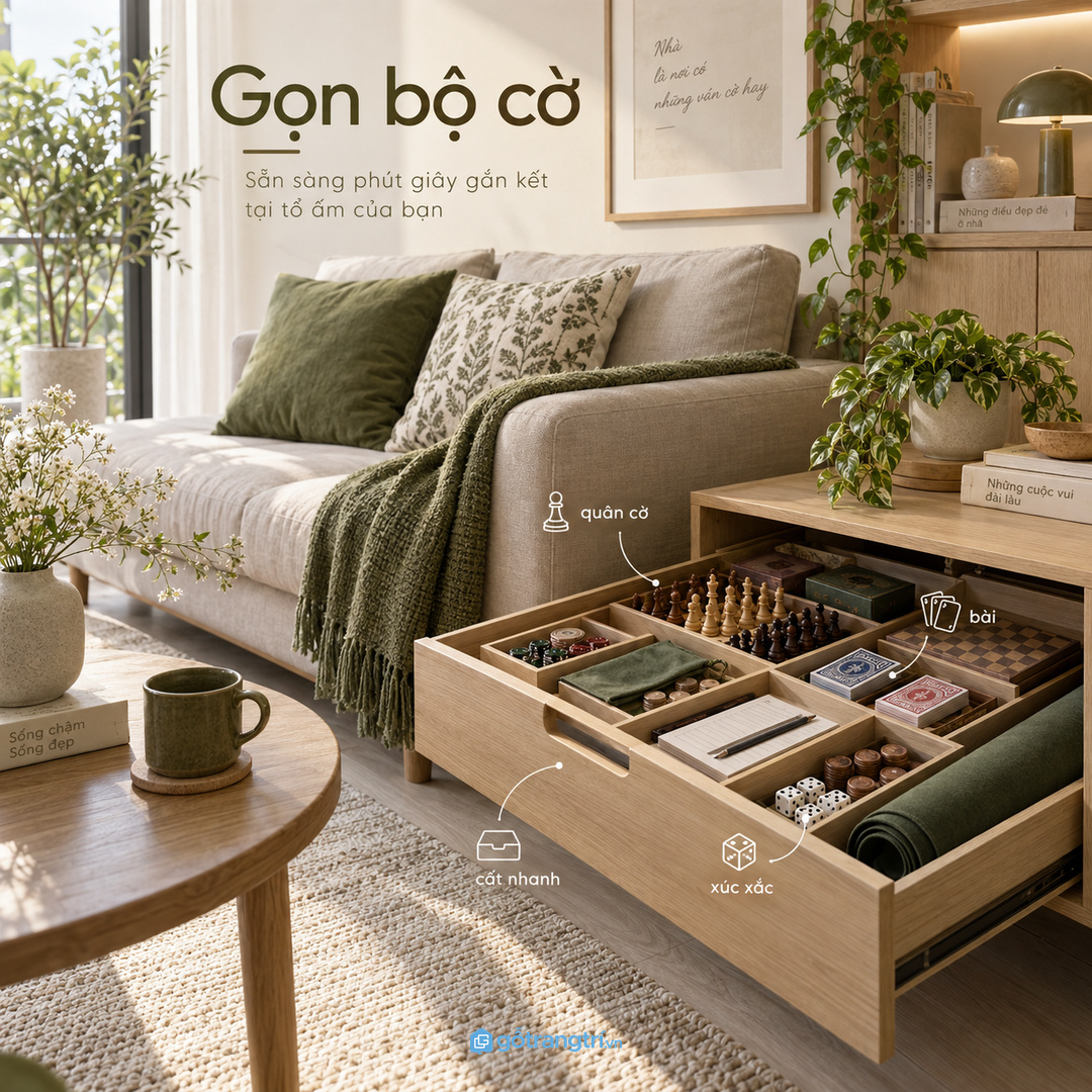 Tủ khay trò chơi bàn phòng khách nhỏ giúp gom bộ cờ, quân bài, xúc xắc và phụ kiện về một chỗ