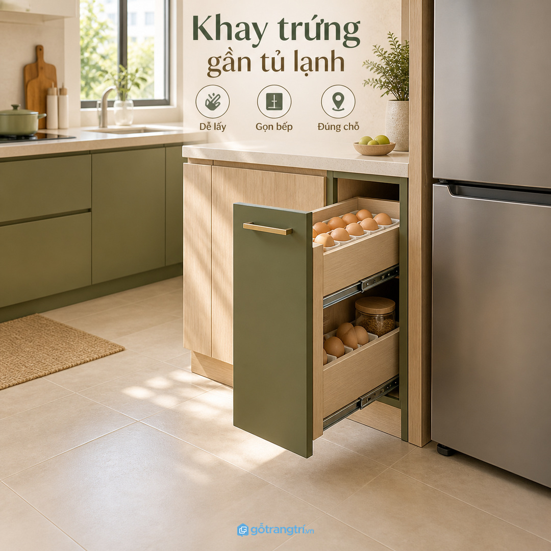 Khay trứng gần tủ lạnh giúp vỉ trứng có chỗ riêng trong bếp nhỏ