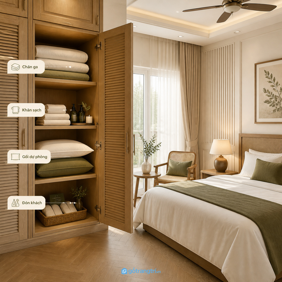 Tủ linen gom chăn ga, khăn tắm và gối dự phòng trong phòng ngủ khách biệt thự