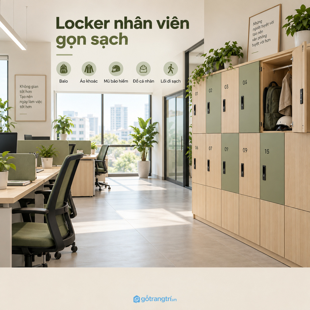 Tủ locker nhân viên cho văn phòng nhỏ giúp gọn balo áo khoác mũ bảo hiểm và giữ lối đi sạch