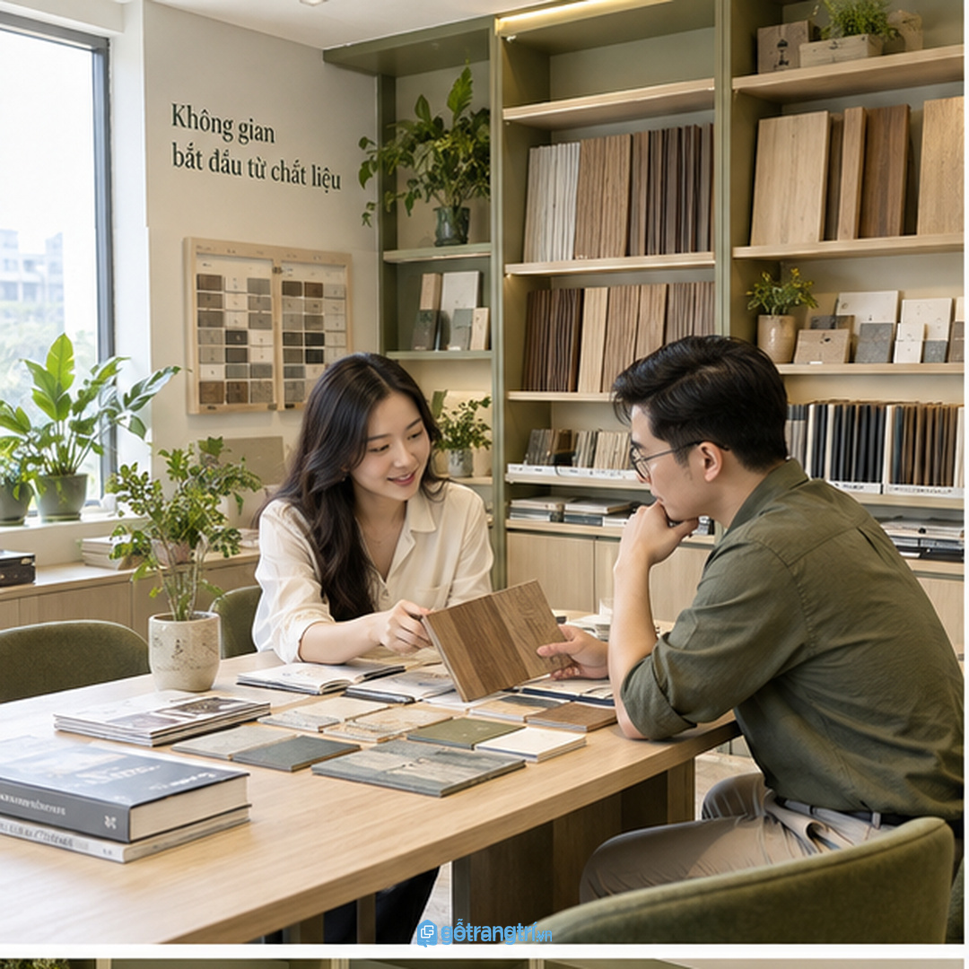 Tủ mẫu vật liệu văn phòng tư vấn gom bảng màu mẫu gỗ catalogue và hồ sơ vào một điểm gọn