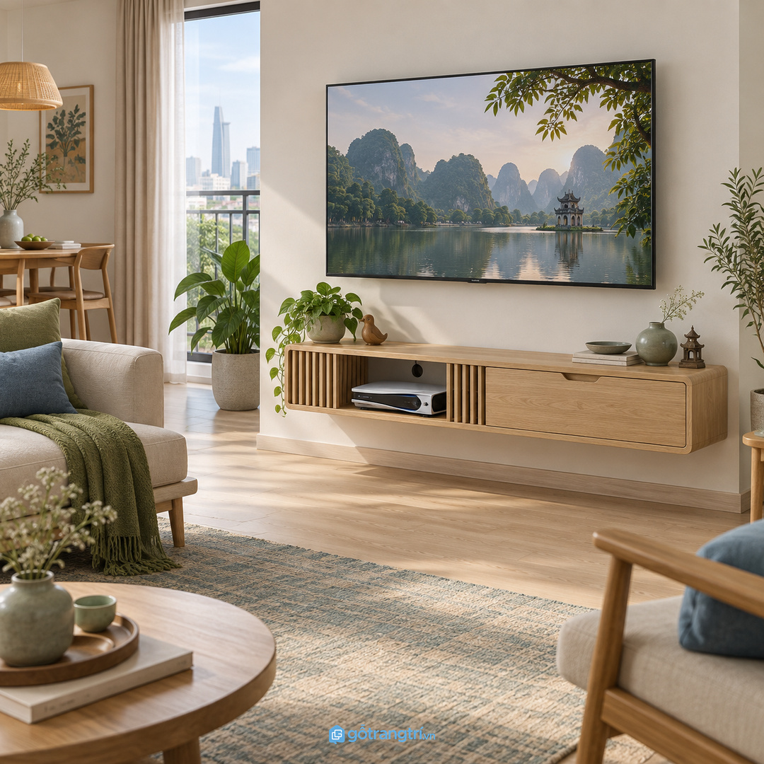 Tủ máy chơi game phòng khách nhỏ giúp máy console tay cầm và dây sạc có chỗ cất riêng