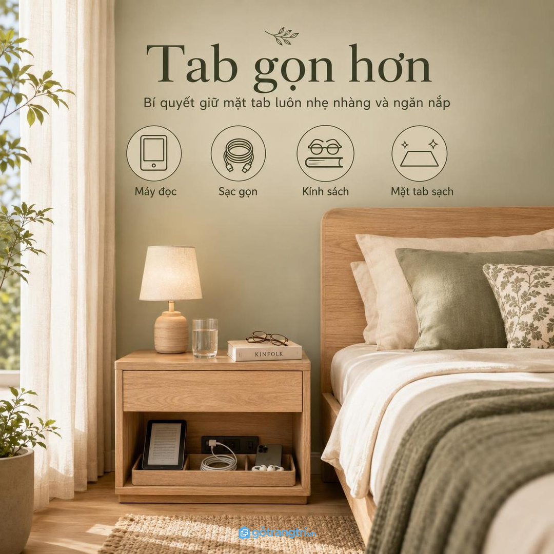 Tủ máy đọc sách giúp tab đầu giường sạch hơn và thiết bị luôn ở gần nơi dùng