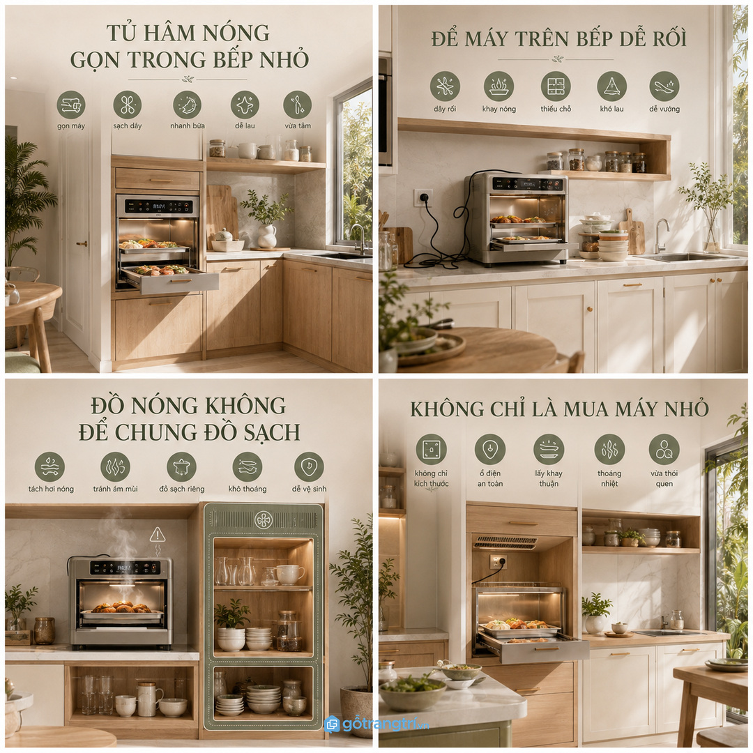 Tủ máy hâm nóng thức ăn giúp giấu máy, gom khay nóng và giữ mặt bếp sạch hơn
