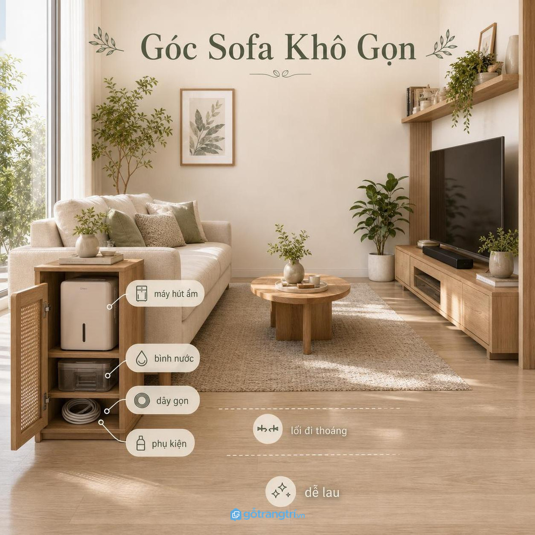 Tủ máy hút ẩm giúp góc sofa khô thoáng, dây gọn và lối đi sạch hơn