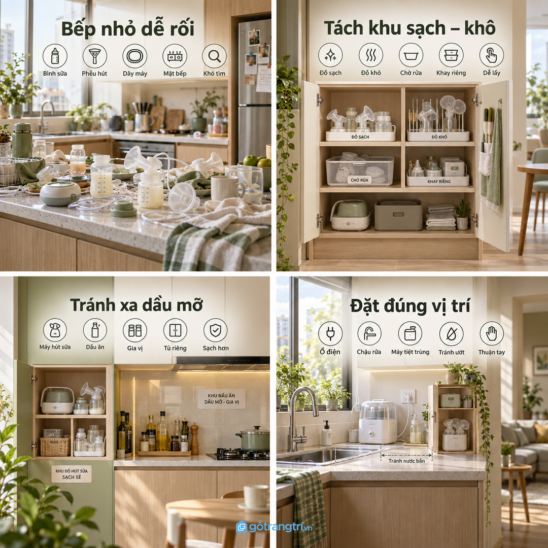 Tủ máy hút sữa cho căn hộ nhỏ giúp gom bình sữa, phễu hút và dụng cụ sạch gọn hơn