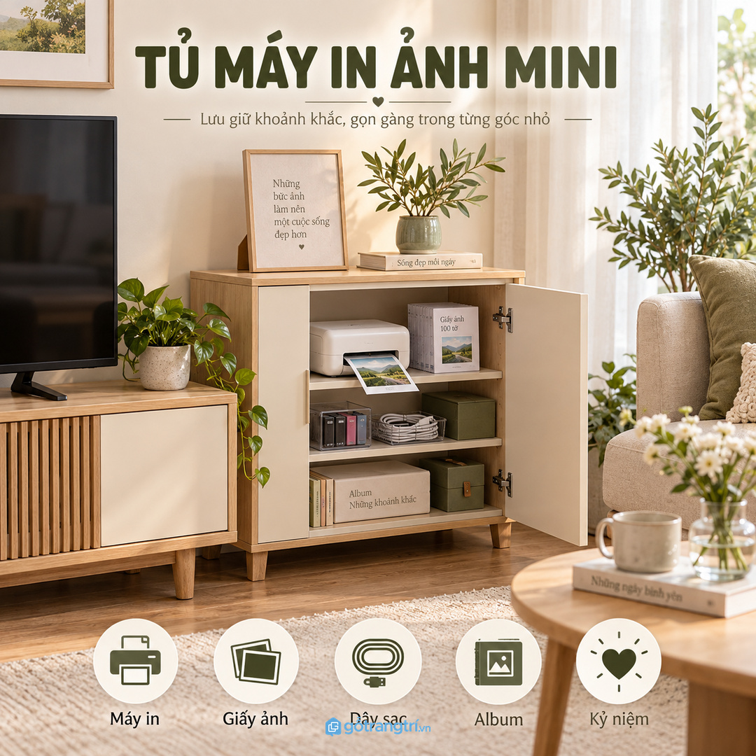 Tủ máy in ảnh mini phòng khách nhỏ gom máy in giấy ảnh dây sạc album và kỷ niệm vào một điểm gọn