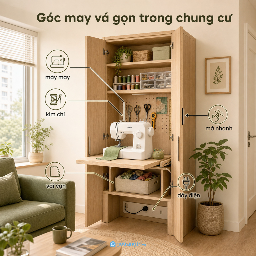Tủ máy may mini cho chung cư nhỏ gom máy, kim chỉ, vải vụn và dây điện vào một góc gọn sạch