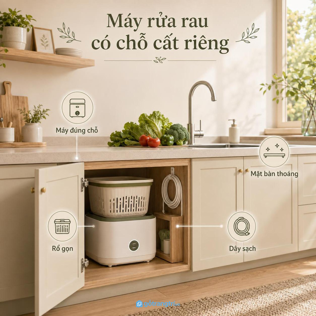 Tủ máy rửa rau cho bếp nhỏ giúp máy, rổ quay và dây điện có chỗ cất riêng