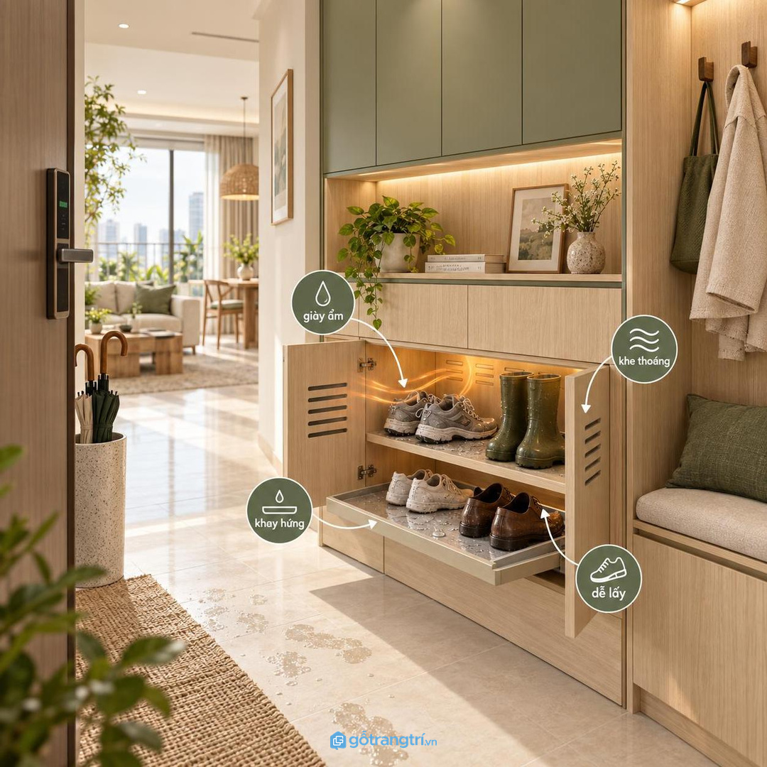 Tủ máy sấy giày giúp lối vào chung cư khô gọn sau ngày mưa
