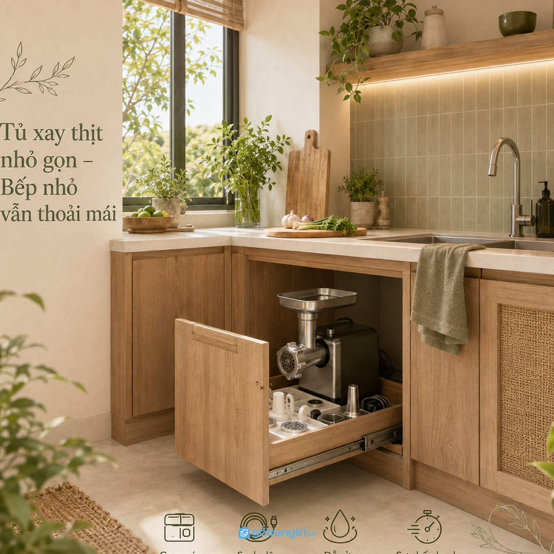 Tủ máy xay thịt giúp bếp nhỏ gọn máy, sạch dây và dễ sơ chế