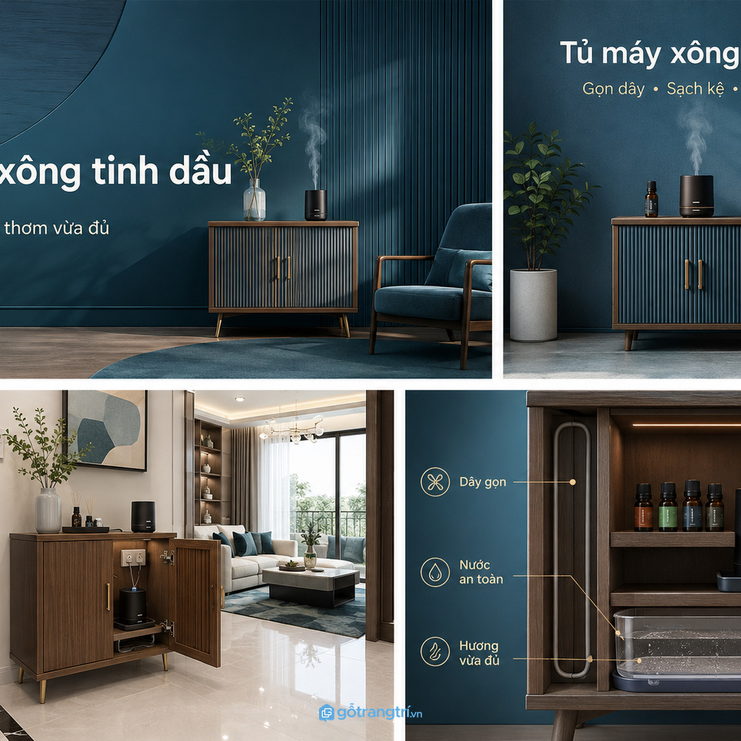 Tủ máy xông tinh dầu giúp gom máy, lọ tinh dầu, dây sạc và khay nước vào một điểm gọn sạch